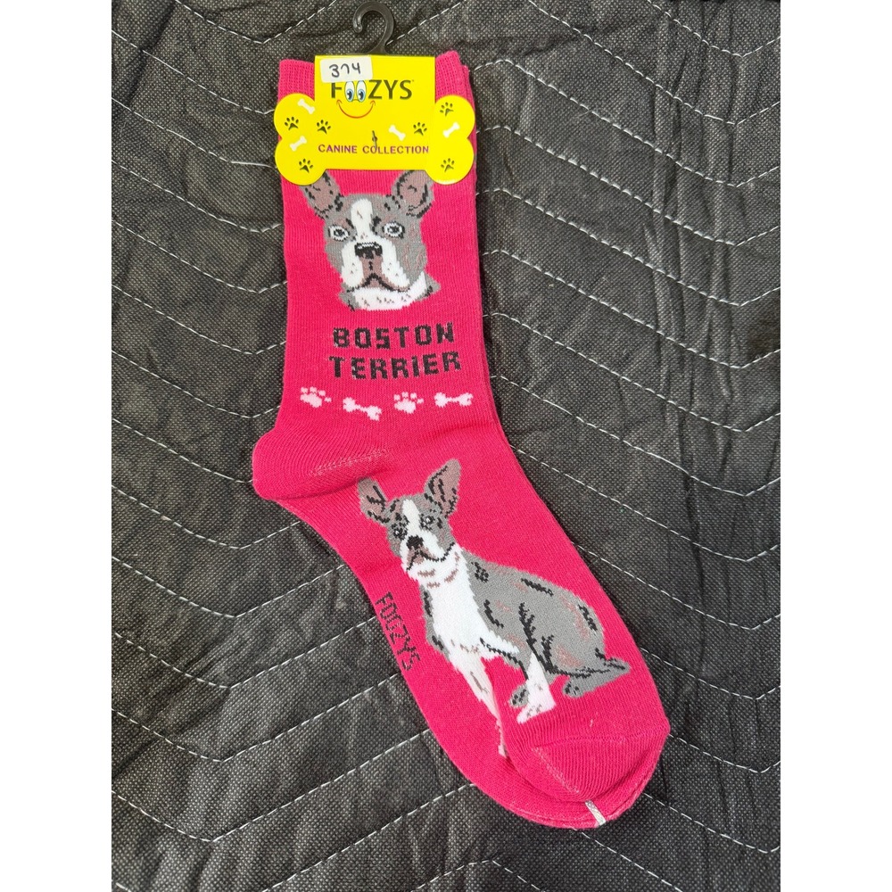 Foozys‎ Crew Socks Women 9-11 Pink NWT Boston Terrier Dog Canine Collection